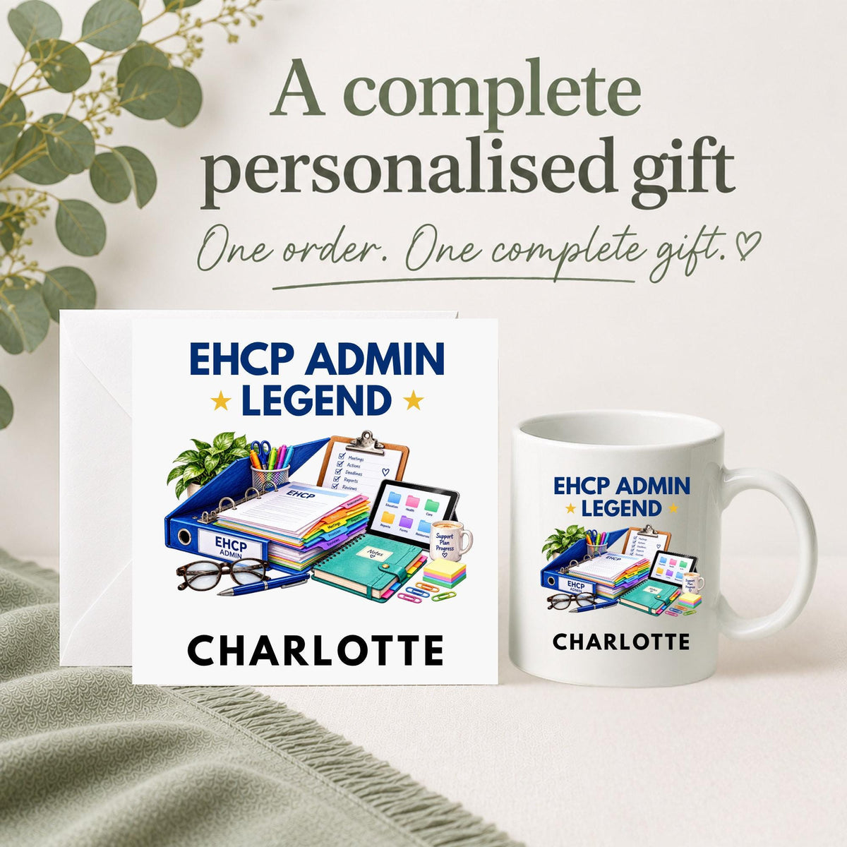 Personalised EHCP Admin Legend gift set with matching 6x6 card and 11oz mug featuring colourful EHCP paperwork, folders, stationery and admin desk accessories, personalised with the recipient’s name.
