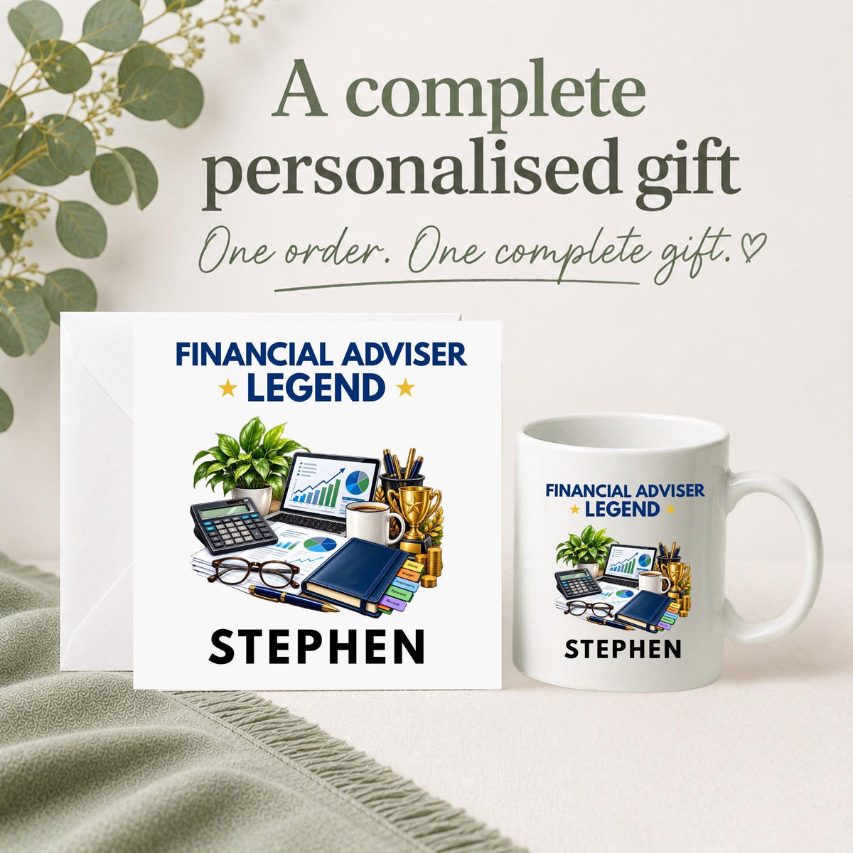 Personalised Financial Adviser Legend gift set with matching 6x6 card and 11oz mug featuring financial planning, calculator, charts and office accessories, personalised with the recipient’s name.