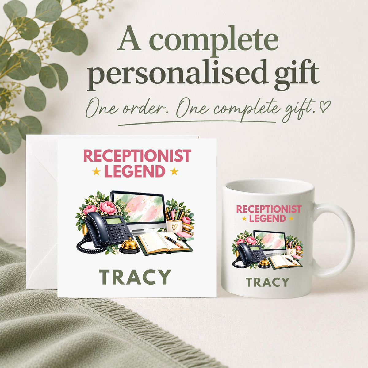 Personalised Receptionist Legend gift set with matching 6x6 card and 11oz mug featuring a reception desk scene with telephone, computer, service bell, planner and flowers, personalised with the recipient’s name.