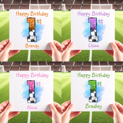 Personalised Football 1st Birthday Card, 1st Birthday Boy or Girl, Son Daughter Grandson Granddaughter, Custom Name