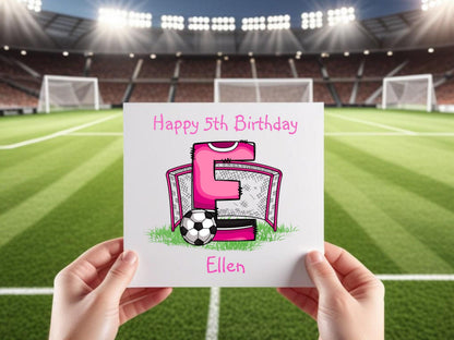 Personalised Girls Football Birthday Card for Daughter Granddaughter Sister Niece, Custom Name and Initial Football Card