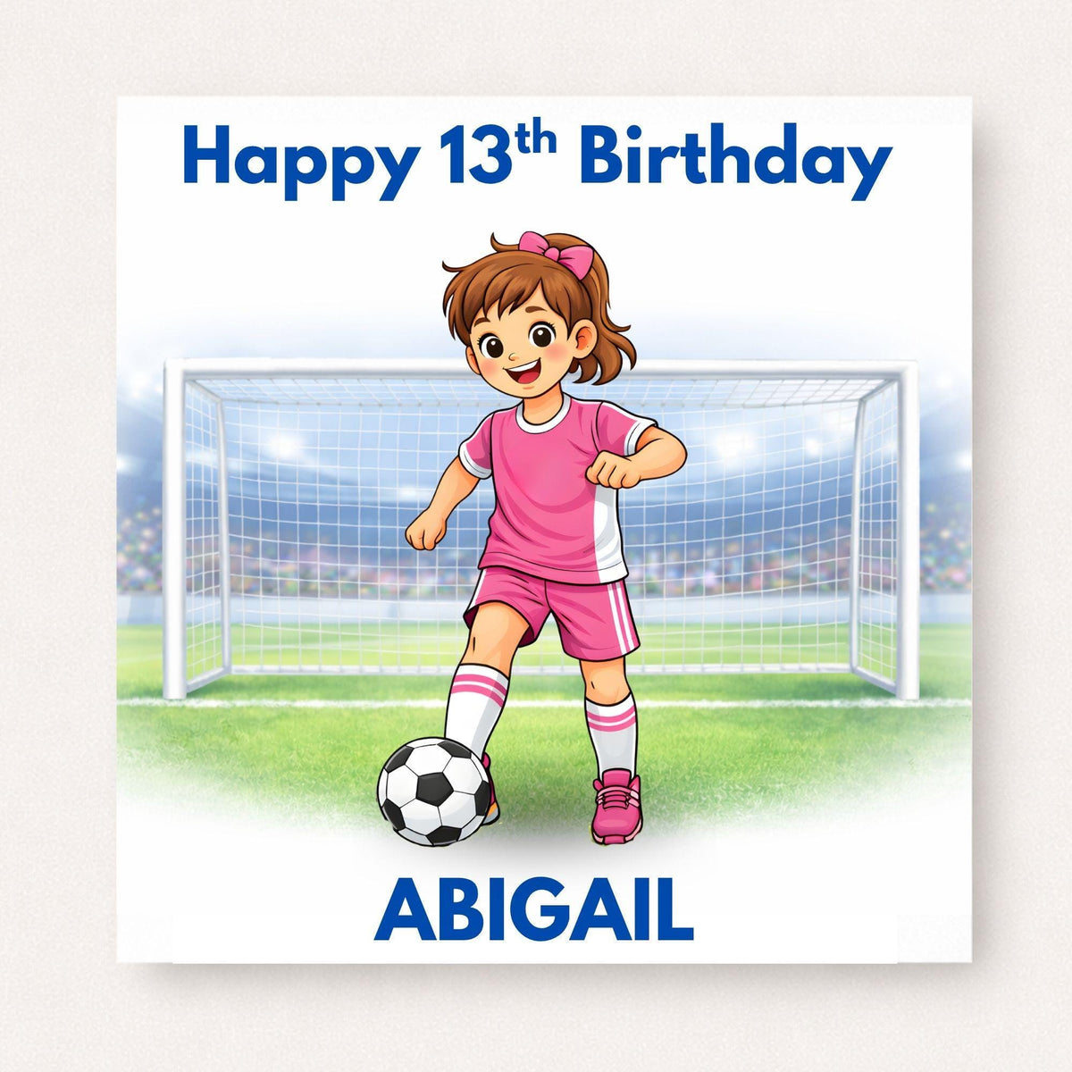 Personalised Girls Football Birthday Card Ages 5–16 – Custom Name and Age Footballer Card