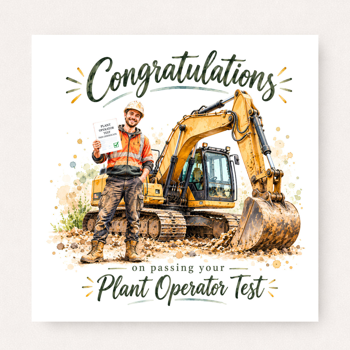 Plant Operator Test Congratulations Card featuring illustrated congratulatory artwork