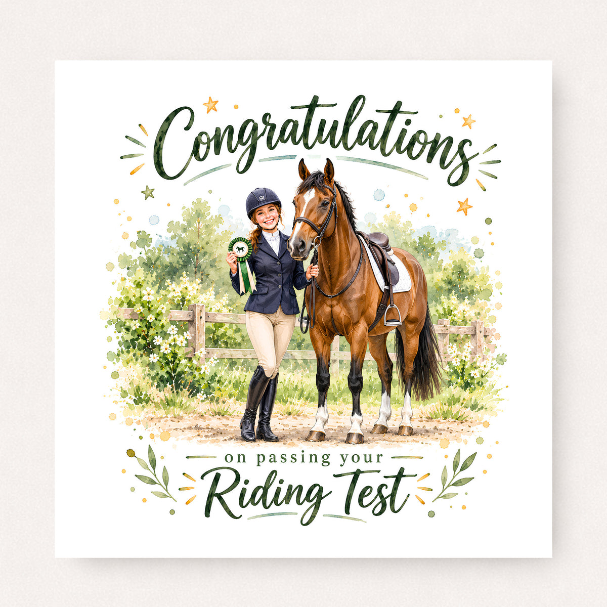 Horse Riding Test Congratulations Card featuring illustrated congratulatory artwork