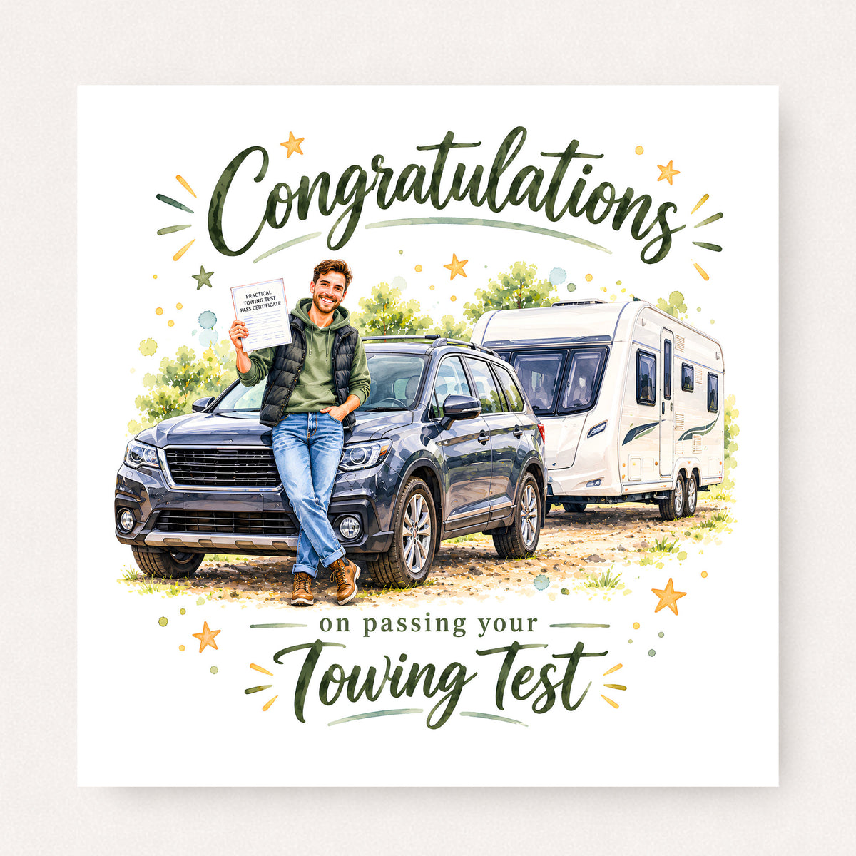 Caravan Towing Test Congratulations Card featuring illustrated congratulatory artwork